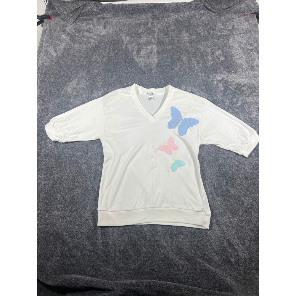 Vintage Alison Craig White Butterfly Applique V-Neck Sweatshirt Large Pastel 90s